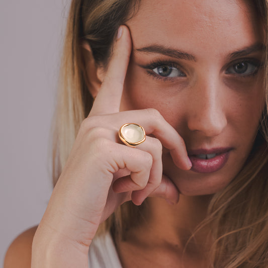 Caleda | Handcrafted sage green ceramic ring with gold luster