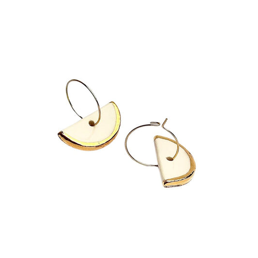 Doraluna | Handcrafted white ceramic dangle earrings with gold luster White and gold Golden colour banceramiche
