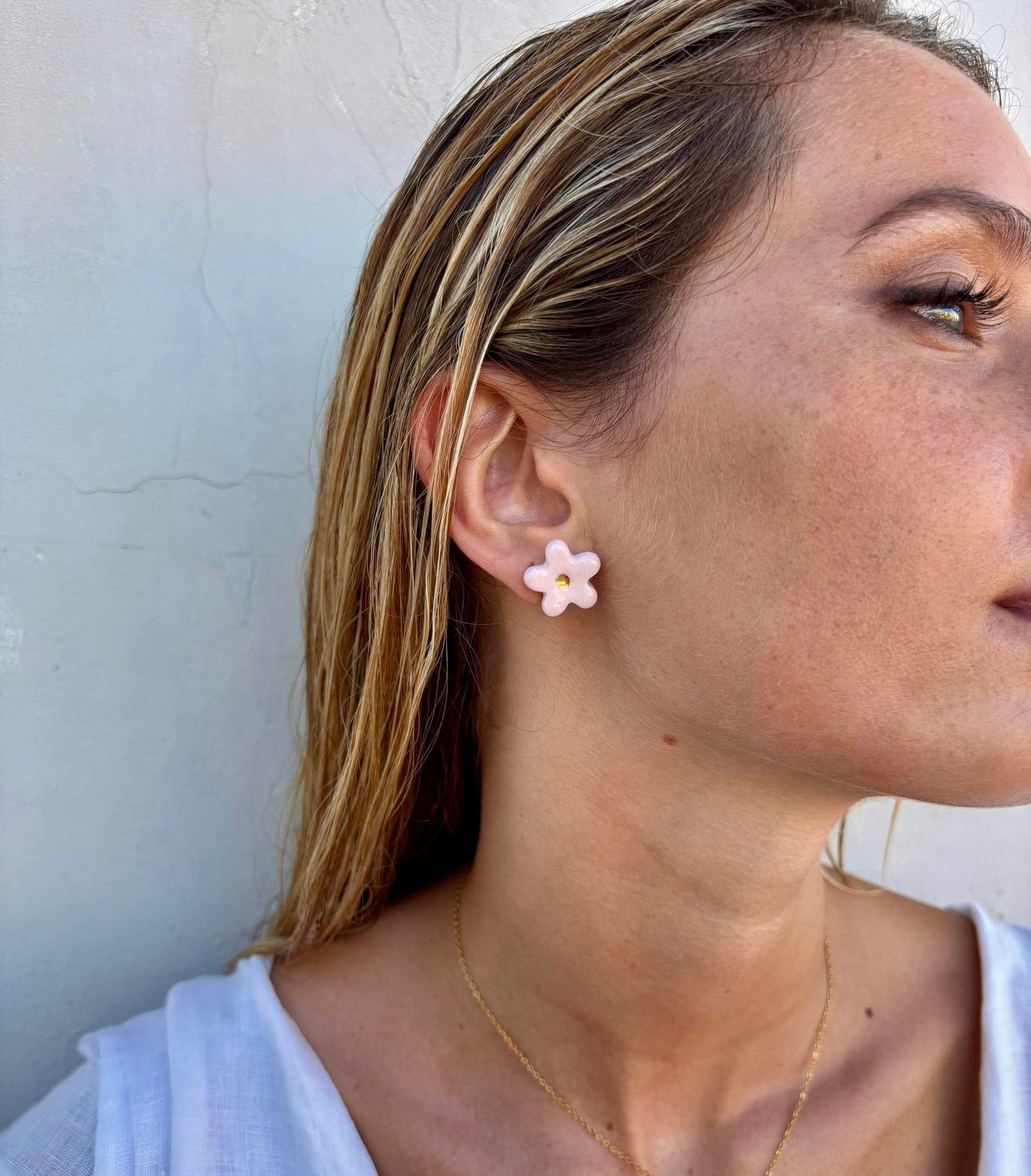 Handmade ceramic stud, dangle, and drop earrings from Italy with pearly lusters and golden details