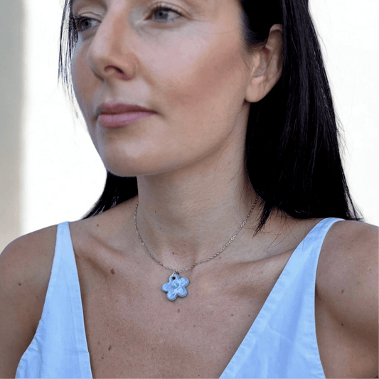 Lillium | Handcrafted pearl light blue floral ceramic necklace banceramiche