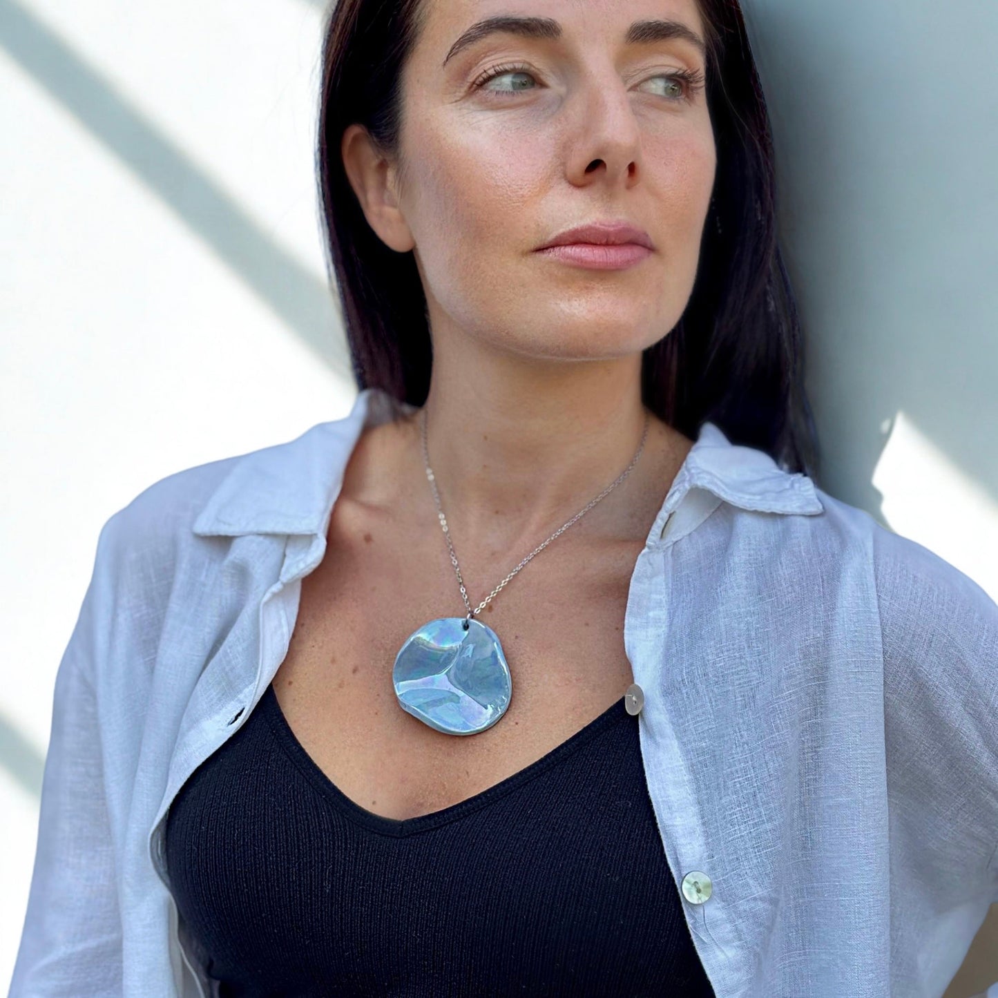 Perla | Handcrafted pearl light blue ceramic necklace Pearl light blue Large banceramiche
