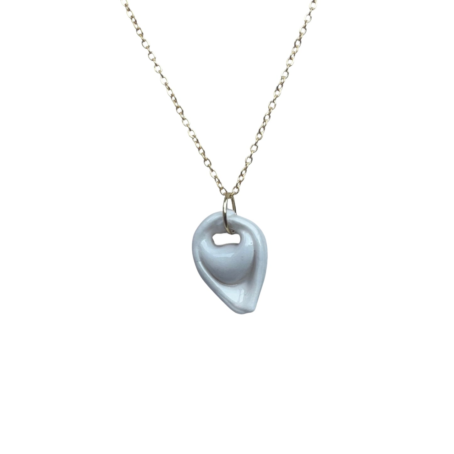 Handcrafted white ceramic tortellino pendant on a gold stainless steel chain banceramiche 