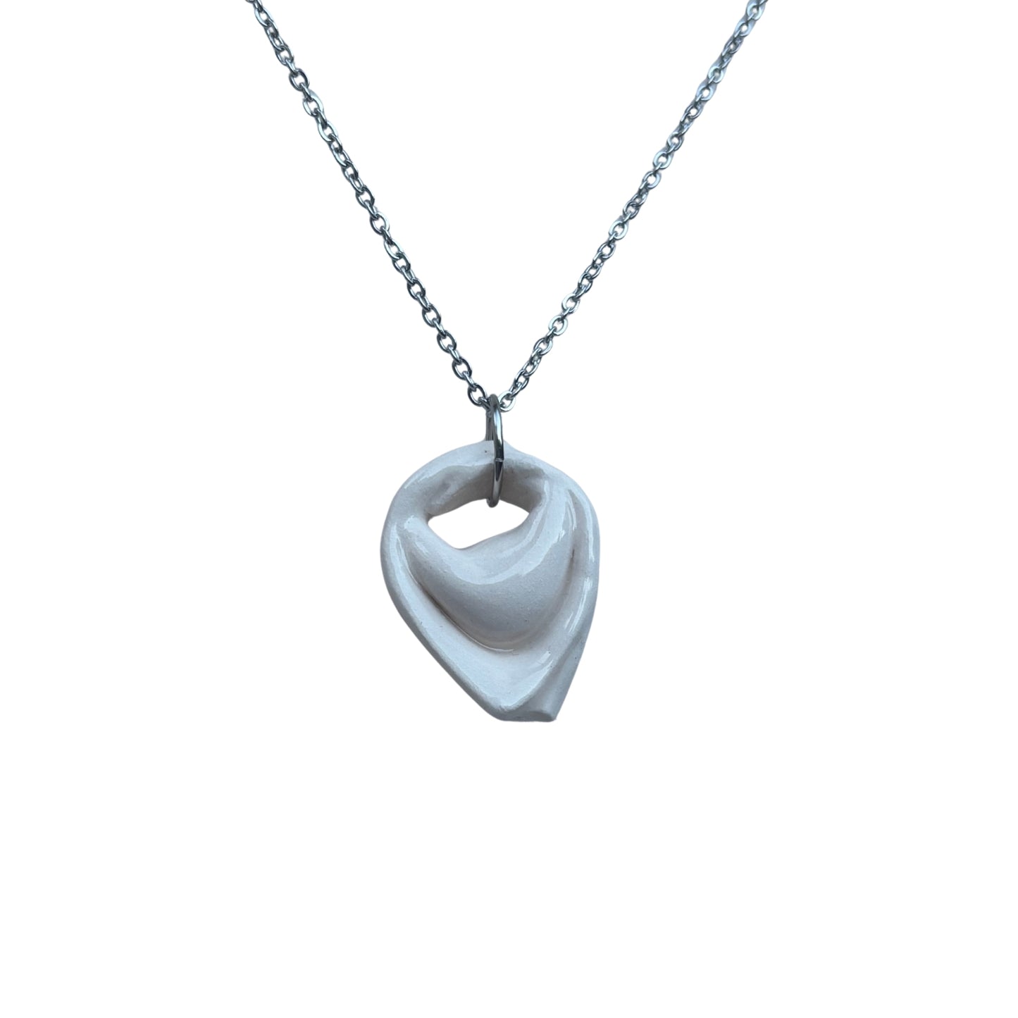 Handcrafted white ceramic tortellino pendant on a silver stainless steel chain banceramiche 