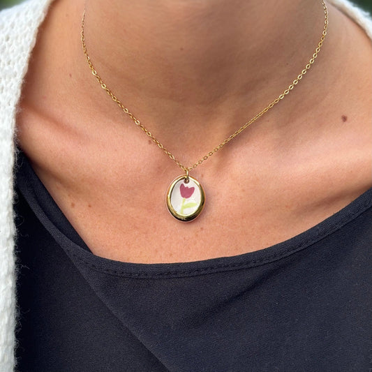 Tulip | Handcrafted white ceramic necklace with golden edges and flower - banceramiche
